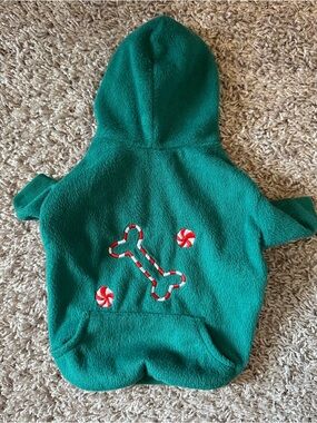 Green Holiday Fleece Dog Hoodie with Candy Bone Detail
